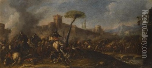 A Battle Scene Before A Fortified Town Oil Painting - Jacques Courtois