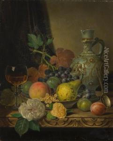 Still Life Of Fruit, Glass And Jug, On A Wooden Table Oil Painting - Henry George Todd