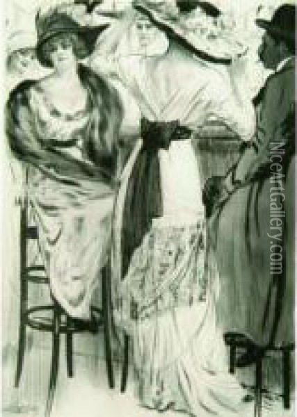 Paris, Moeurs Costumes & Attitudes 1912-1913. I- Les Bars. 1913. Oil Painting - Almery Lobel-Riche
