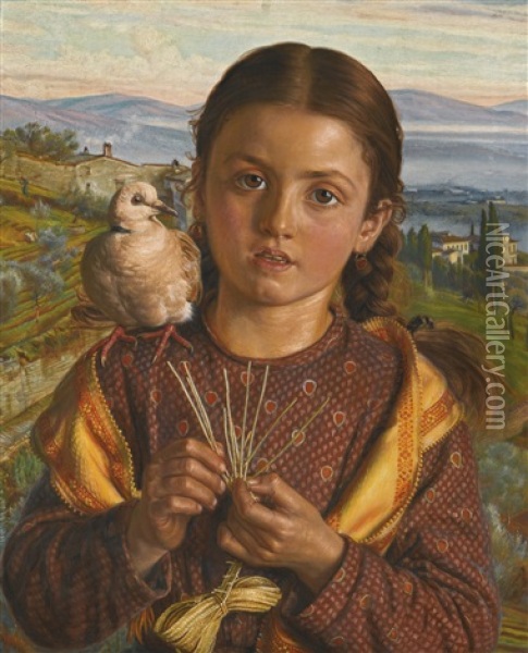 Tuscan Girl Plaiting Straw Oil Painting - William Holman Hunt