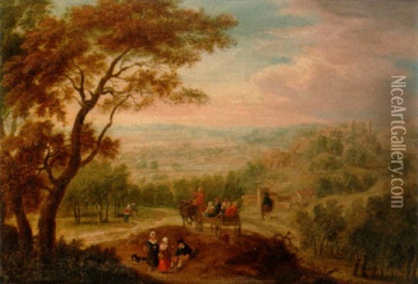 An Extensive Wooded Landscape With Travellers In The Foreground, A Castle On A Hill Beyond Oil Painting - Andreas Martin