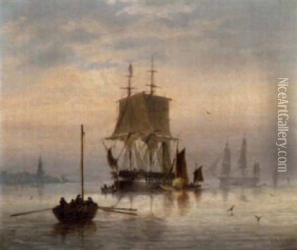 Estuary Scene With Man-o'-war At Anchor And Hay Barge Oil Painting - Charles Arthur Lodder