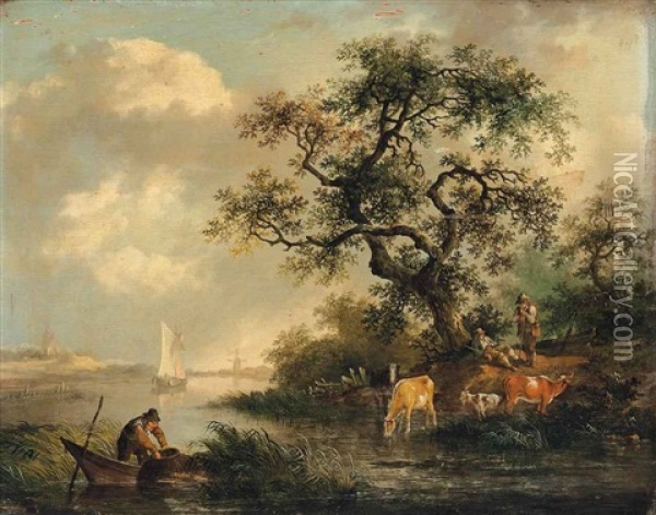 A River Landscape With A Fisherman, Drovers And Their Herd, A Town And A Church Beyond Oil Painting - Fredericus Theodorus Renard