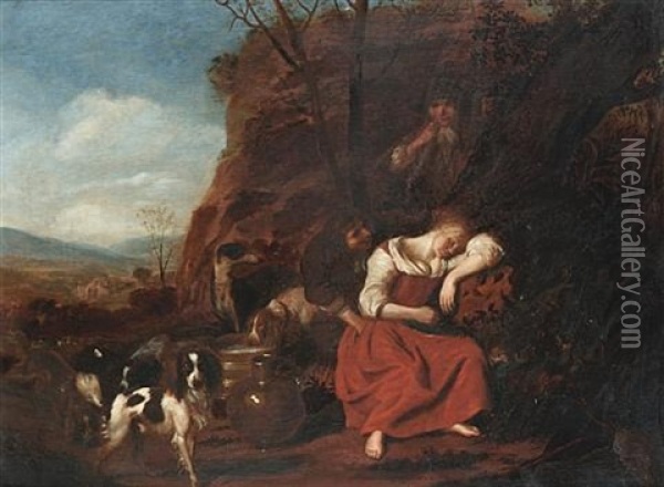 Two Men Trying To Wake A Sleeping Shepherdess With Spaniels And A Lurcher Nearby Oil Painting - Adriaen Cornelisz Beeldemaker