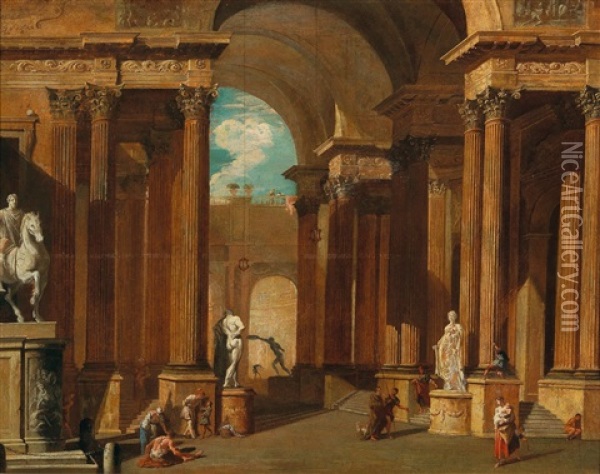 Architectural Capriccio With Figures Oil Painting - Marco Ricci