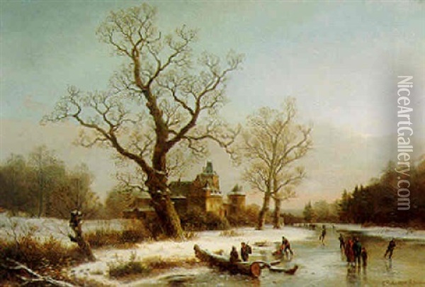Skating On A Frozen River Oil Painting - Caesar Bimmermann