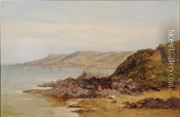 Coastal Scene With Wreckers, Shipping And Headland Buildings Oil Painting - James Holland