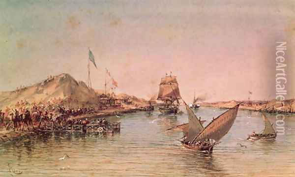 Shipping on the Suez Canal, from a souvenir album commemorating the Voyage of Empress Eugenie 1826-1920 at the Inauguration in 1869 Oil Painting - Edouard Riou