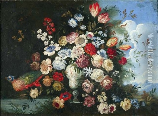 Groser Blumenstraus In Einer Porzellanvase Mit Einem Fasan Vor Einem Landschaftshintergrund Oil Painting - Jean-Baptiste Monnoyer