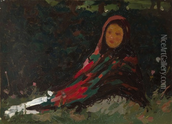 Girl In A Bright Headscarf Oil Painting - Filip Malyavin