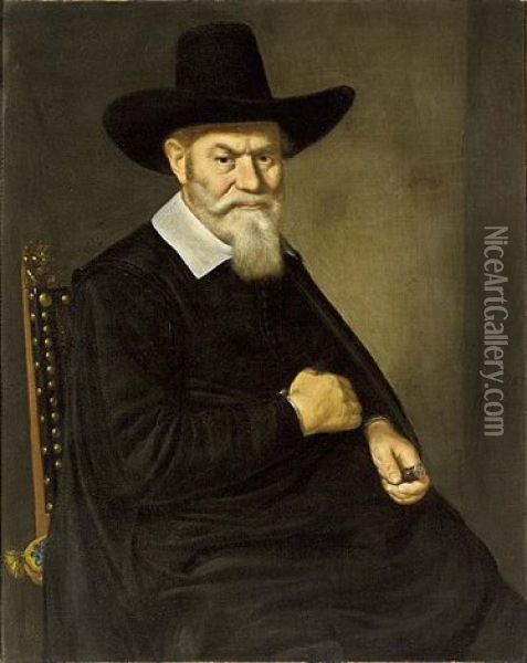 A Portrait Of A 67-year Old Gentleman, Wearing A Black Coat With A White Collar And A Hat, Holding A Seal-stamp With A Coat-of-arms Of The City Of Amsterdam In His Left Hand Oil Painting - Herkules Sanders