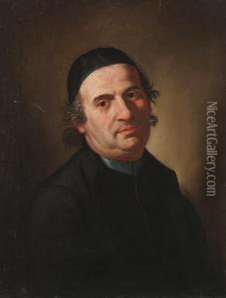 Portrait Of A Cleric, Bust-length, In Black Costume With A Black Skull Cap Oil Painting - Pier Leone Ghezzi