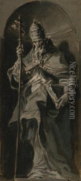 A Papal Saint, Possibly Gregory The Great, Full Length, Standing In A Niche, A Budded Crozier Held In His Right Hand Oil Painting - Alessandro Magnasco