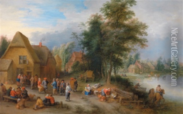 Feiernde Bauern Auf Einem Dorfplatz In Einer Bewaldeten Flusslandschaft Oil Painting - Theobald Michau