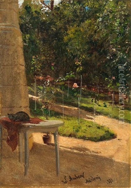 Gartenansicht Mit Katze Auf Dem Tisch Oil Painting - Wilhelm August Lebrecht Amberg
