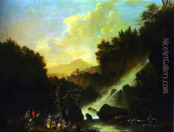A Mountainous River Landscape With Travellers On A Track By A Waterfall, A Drover Watering Cattle Beyond Oil Painting - Philip James de Loutherbourg