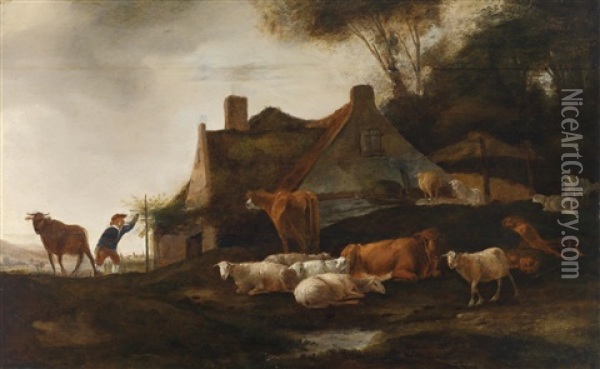 Landschaft Mit Weidendem Vieh Vor Einem Bauernhaus Oil Painting - Govert Dircksz Camphuysen