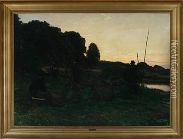 Landscape With Fishermen In The Sunset Oil Painting - Knud Erik Larsen