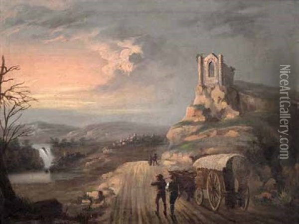 Paisaje De Isbor, El Rio Guadalfeo Y La Ermita De Nuestra Senora De Las Angustias Oil Painting - Manuel Barron y Carrillo