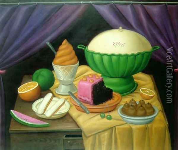 Still Life With Ice Cream Helado Oil Painting - Fernando Botero