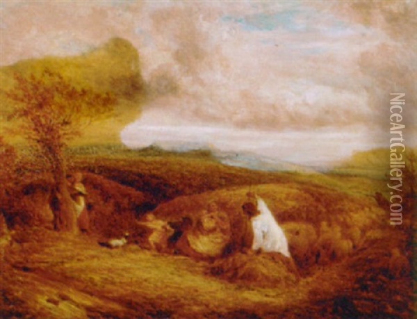 A Shepherd With His Flock And Harvesters In A Surrey Landscape Oil Painting - John Linnell