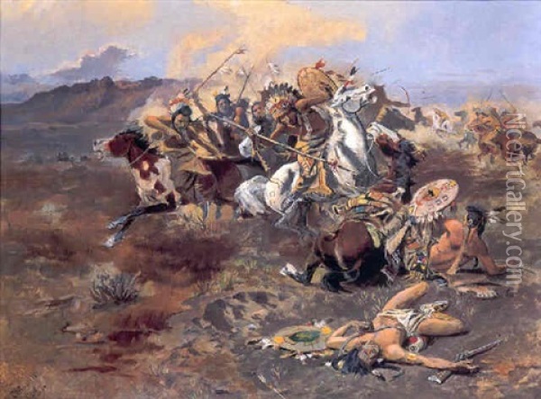 Indian Fight #1 Oil Painting - Charles Marion Russell