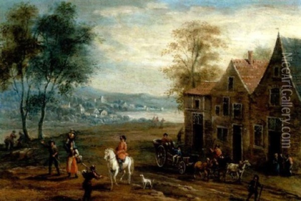 An Elegant Rider, A Wagon Drawn By Horses And Numerous Figures Outside A Country House, A Village Beside A Lake Beyond Oil Painting - Jan Frans van Bredael the Elder