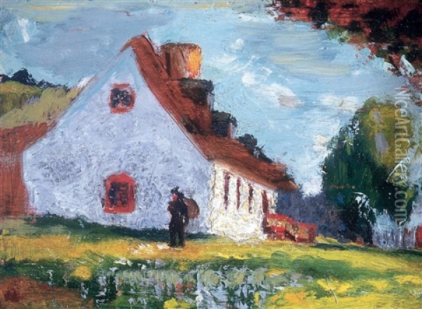 White Farmhouse - Summer Oil Painting - John Young Johnstone