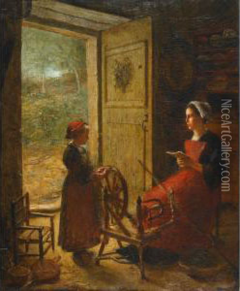 Breton Spinner And Young Girl In A Country Kitchen Oil Painting - Louis Marie Desire-Lucas