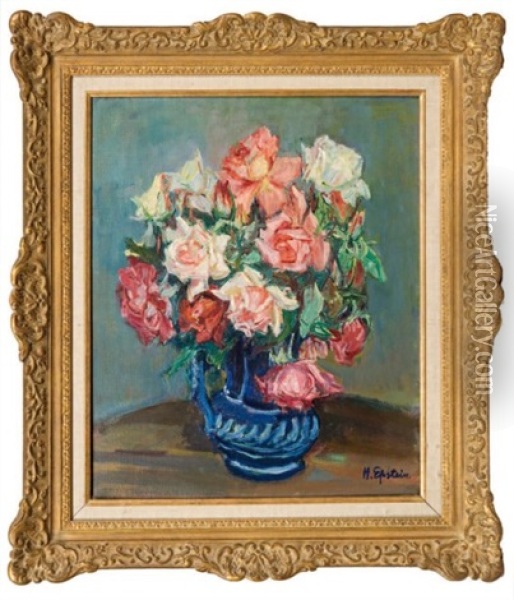Bouquet De Roses Au Vase Bleu Oil Painting - Henri Epstein