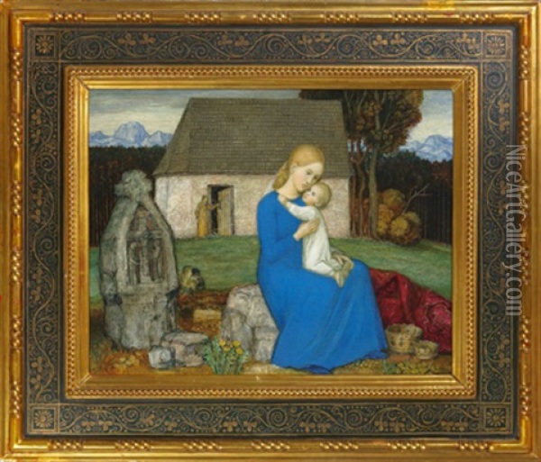 Madonna Mit Kind In Einer Landschaft Sitzend Oil Painting - Matthaeus Schiestl