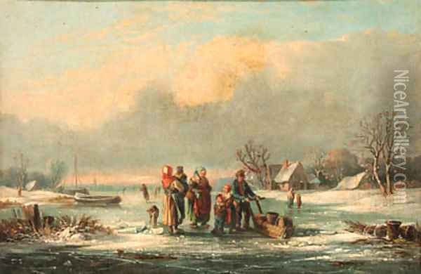 Figures in a frozen winter landscape Oil Painting - Dutch School