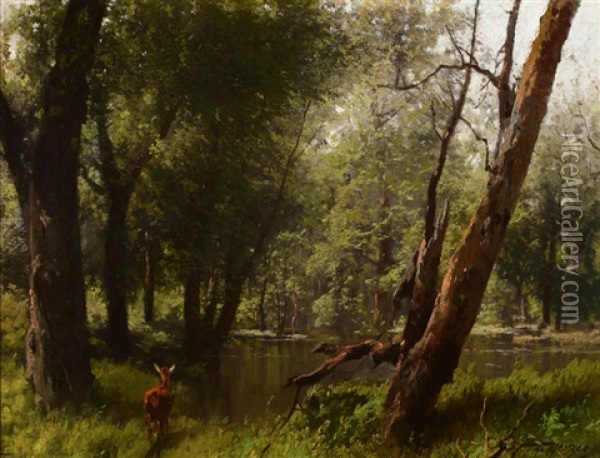 Woods Inundated With Deer Oil Painting - Hermann Herzog