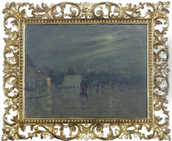 Night Time In A Paris Square Oil Painting - Sandor Landeau