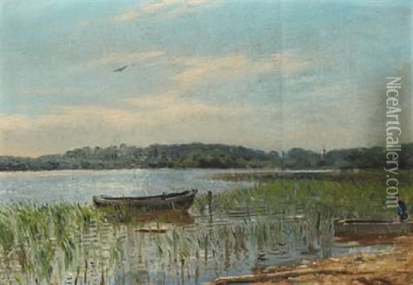 Landskab With Fisherman And Rowing Boats At The Edge Of A Lake Oil Painting - Godfred Christensen
