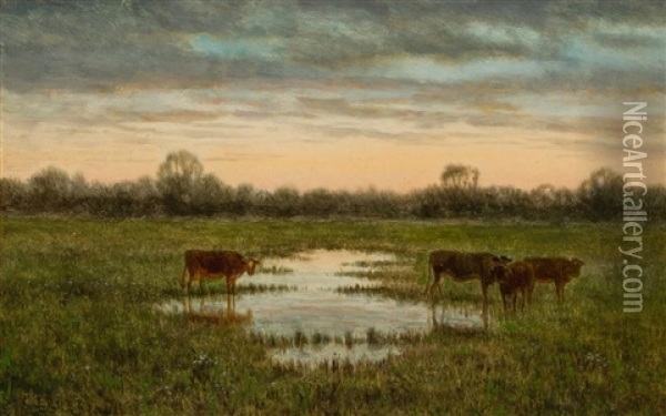 Landscape With Cows At Sunset Oil Painting - Clinton Loveridge