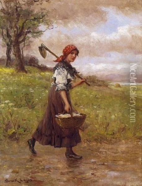 Little Girl In Red Head-kerchief And Little Basket Oil Painting - Lajos Bruck