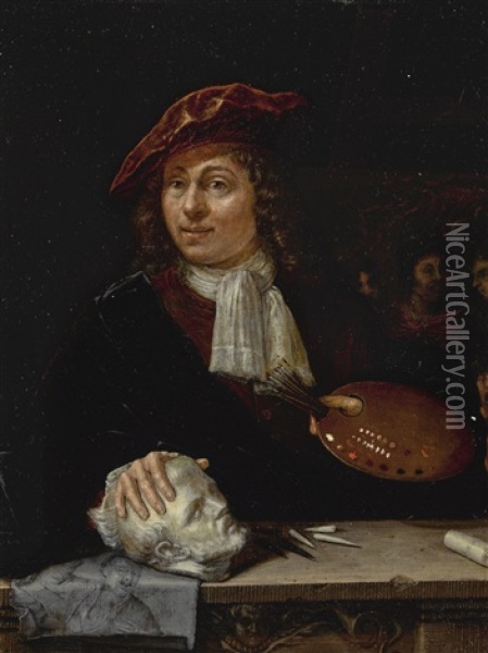 A Portrait Of An Artist Wearing A Red Hat, Half Length, Behind A Ledge Oil Painting - Johan van Haensbergen