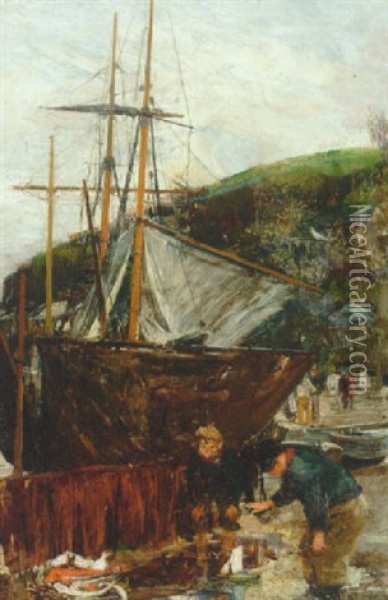 Havneparti Med Fiskere I Arbejde Pa Kajen Oil Painting - John Robertson Reid