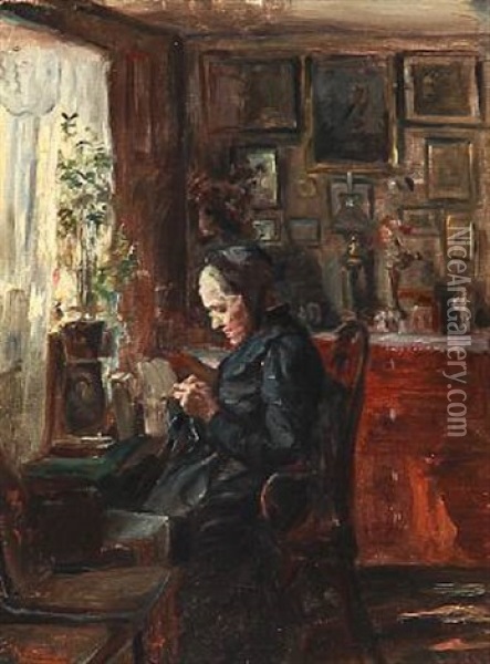 Interior With A Knitting Woman At The Window Oil Painting - Knud Erik Larsen