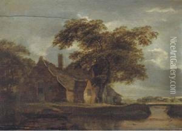 A Landscape With A Cottage And A Traveller By A River Oil Painting - Meindert Hobbema