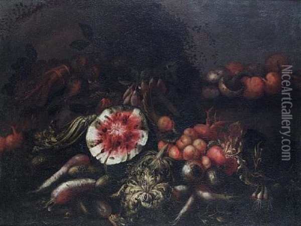 A Cut Watermelon, Peaches, Mushrooms And Other Fruit And Vegetables Oil Painting - Felice Boselli