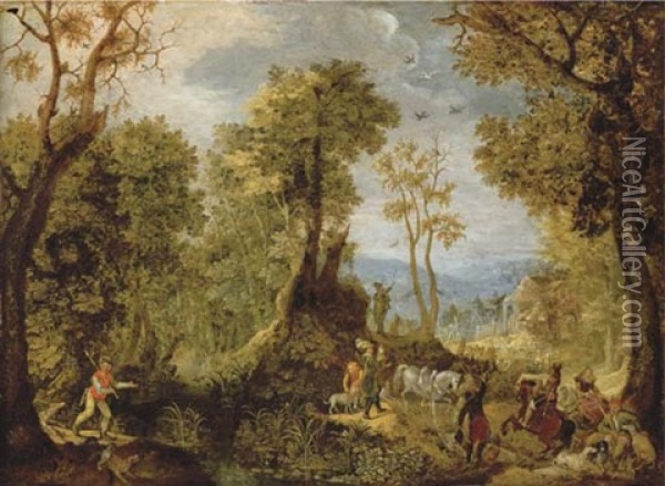 Hunters In A Wooded Landscape With A Village And An Extensive Landscape Beyond Oil Painting - Anton Mirou