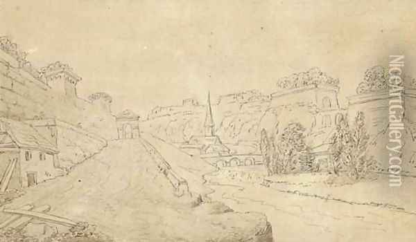The ramparts of Luxemburg, with the Triererbergstrasse in the foreground and the Altzette Bridge to the left Oil Painting - Johann Wolfgang von Goethe