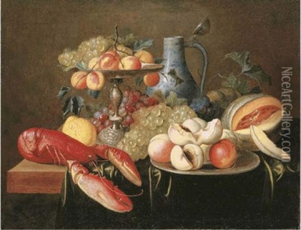 Peaches And Grapes On A Silver Tazza, A Porcelain Ewer And Peaches On A Silver Platter With A Lobster, Lemon, Bunches Of Grapes And A Melon Oil Painting - Alexander Coosemans