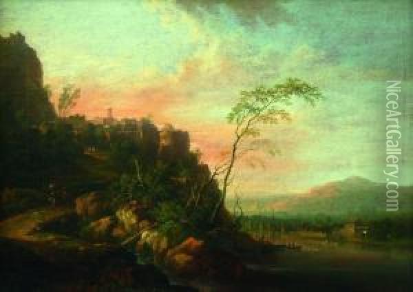 Flusslandschaft. Oil Painting - Johann Georg Schutz