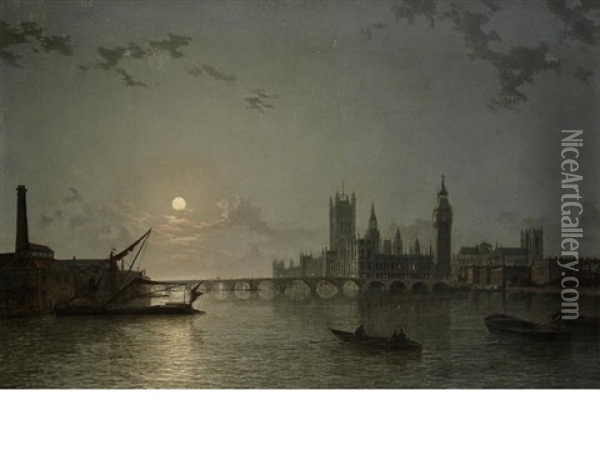 A Moonlit View Of The Houses Of Parliament From The Thames Oil Painting - Henry Pether
