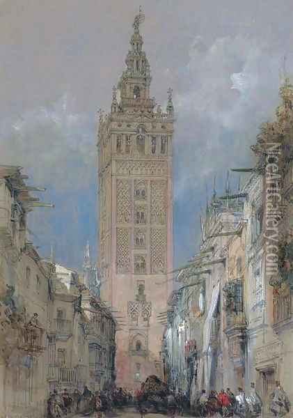 The Moorish tower at Seville, called the Giralda, Spain Oil Painting - David Roberts