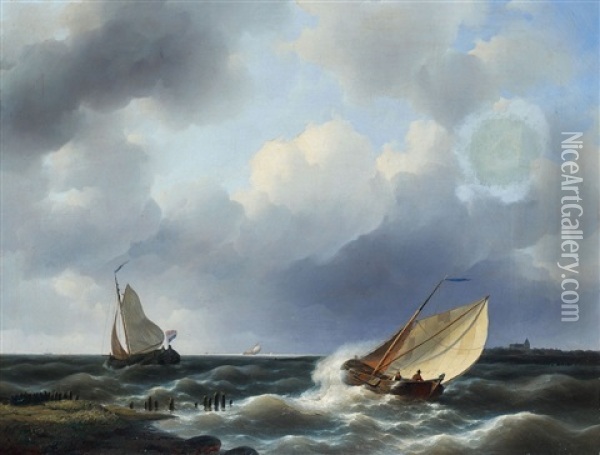 Fischerboote In Kustennahe Auf Bewegter See Oil Painting - Abraham Hulk the Elder