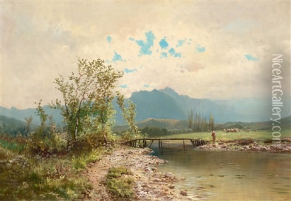 River Landscape With Figure On A Bridge Oil Painting - Carlos de Haes